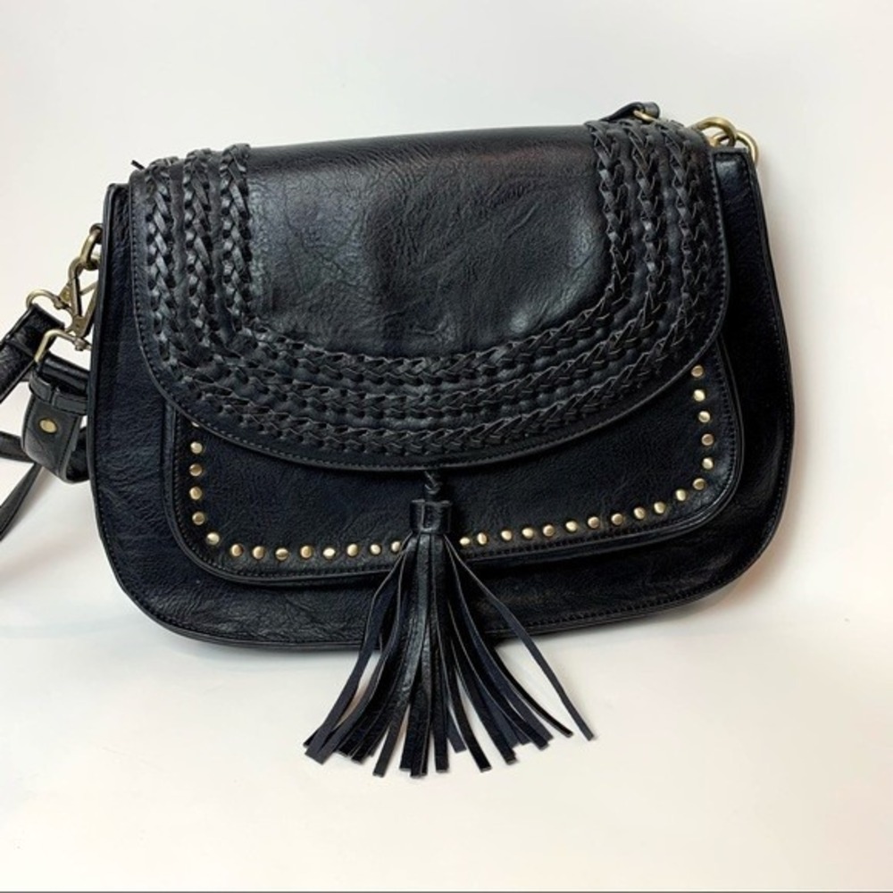 Antik Kraft Lyla Vegan Leather Saddle Bag Black Studded Boho Shoulder Purse